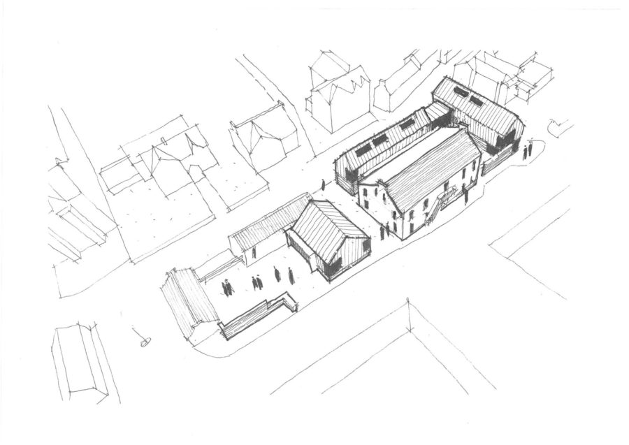 Pencil drawing of Stromness Civic Hub from above. Malcolm Fraser Architects, Edinburgh