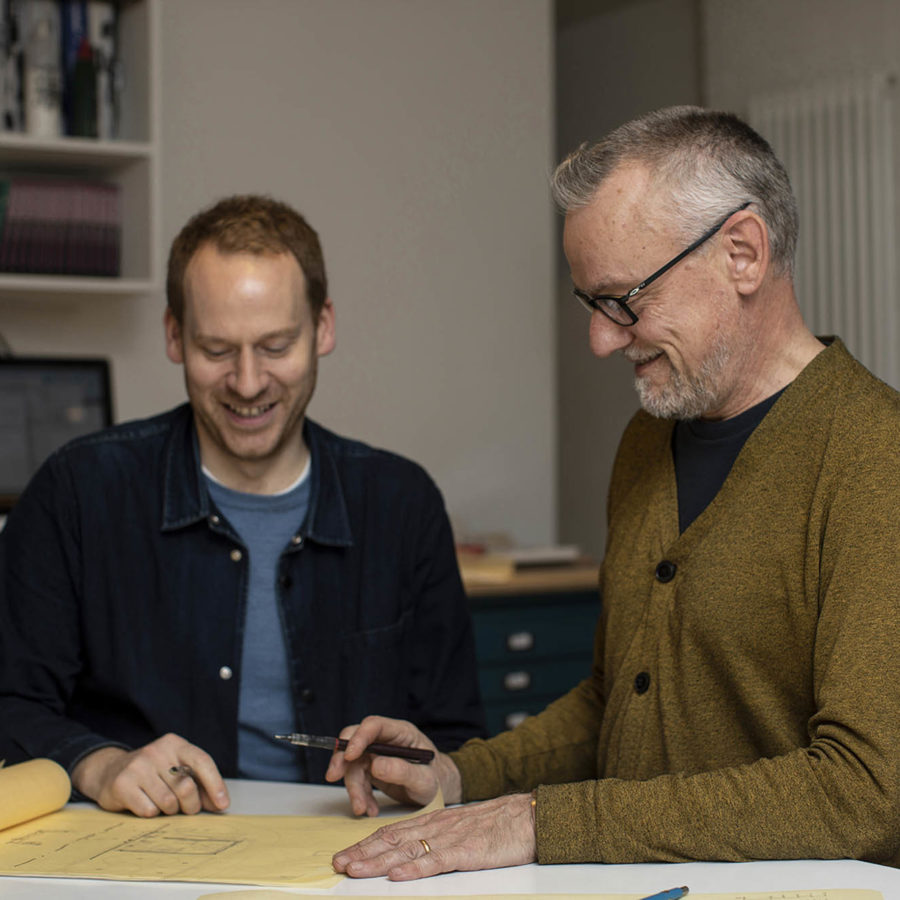 Robin Livingstone and Malcolm Fraser, architects in their studio in Edinburgh. Photograph by Angus Bremner