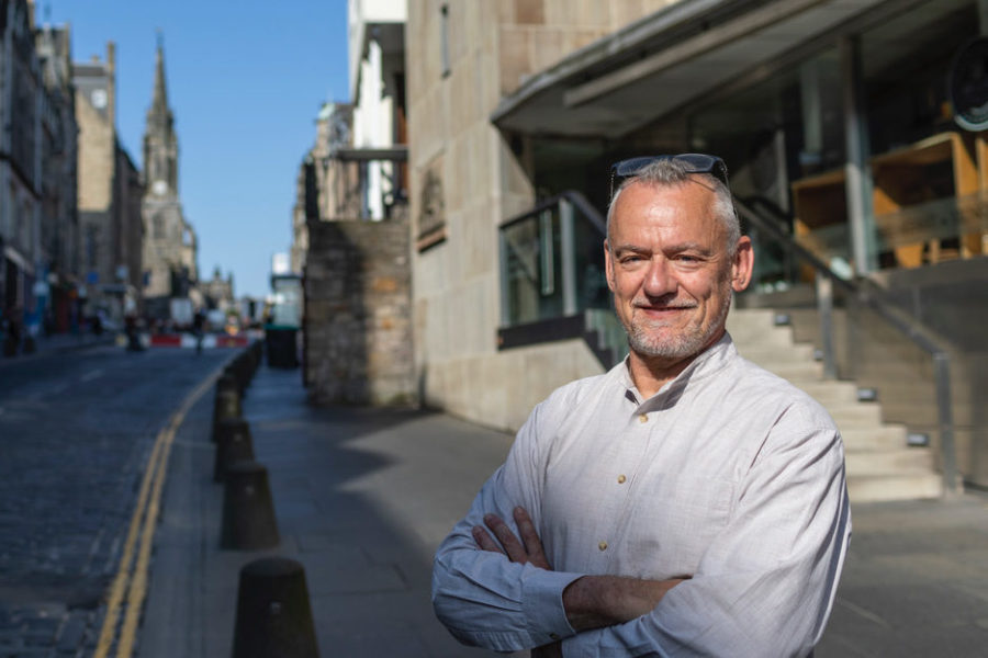 Malcolm Fraser, architect. Outside the Scottish Storytelling Centre, The High Street, Edinburgh. Photograph by Angus Bremner.Photograph by Angus Bremner