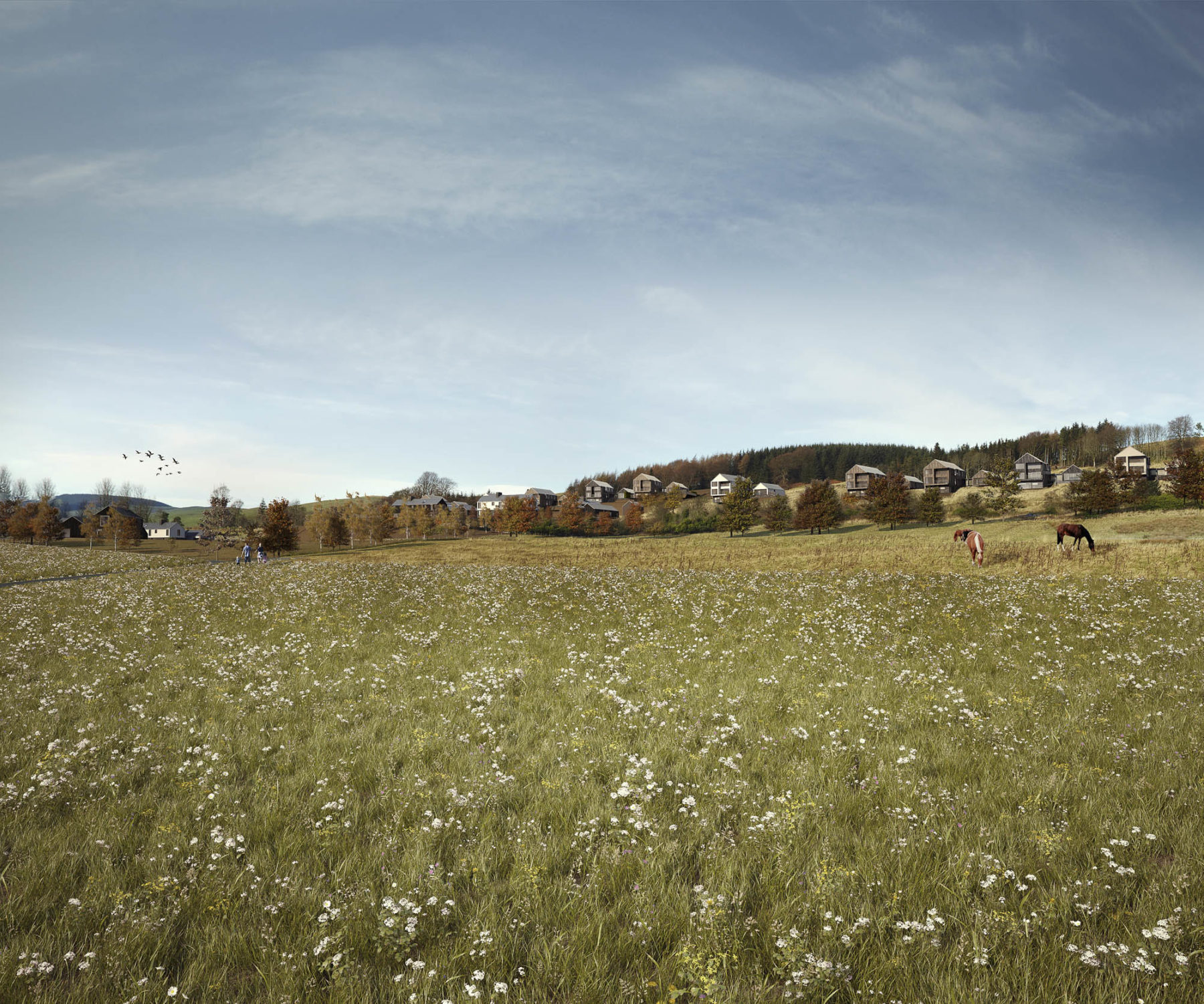 Render of Athron Hill residential development, Perth & Kinross. Fraser/Livingstone Architects