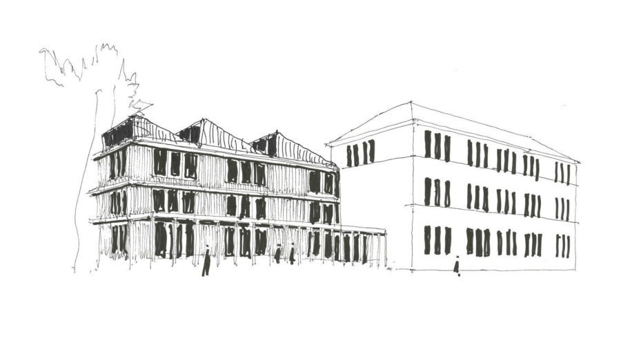 Line drawing in pen of Kinning Park Complex, Glasgow. Showing older building to the right, and new building to the left