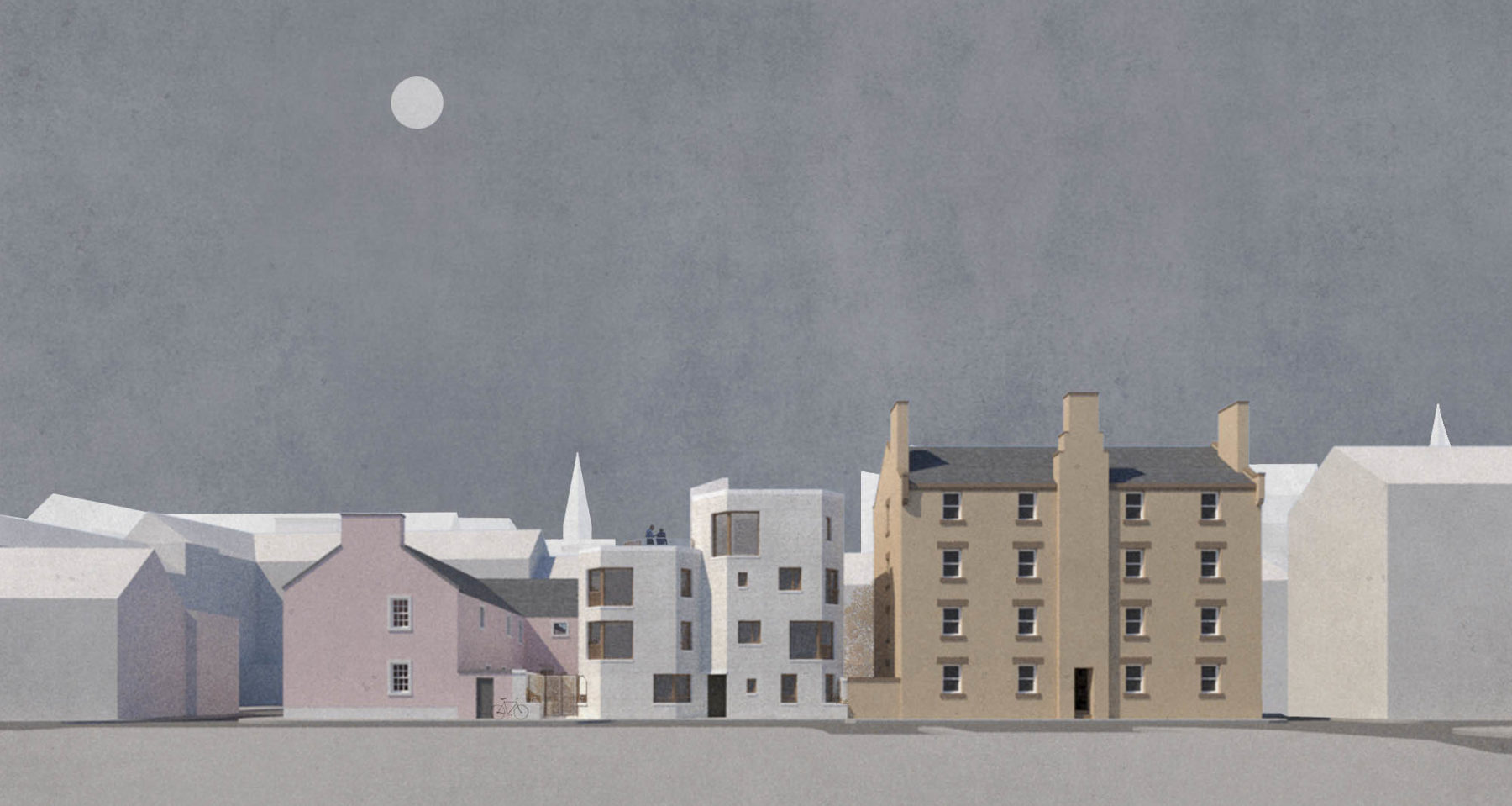 Render of Pleasance from east side, showing new Simon Court apartments between tenements and other older buildings.