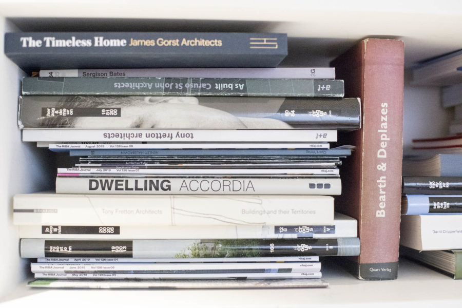Books in shelves at the studio of Fraser/Livingstone Architects, Edinburgh