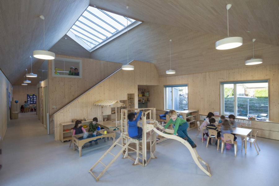 Arcadia Nursery, University of Edinburgh, interior view of timber clad room. Malcolm Fraser Architects Arcadia Nursery Photograph by Angus Bremner edit