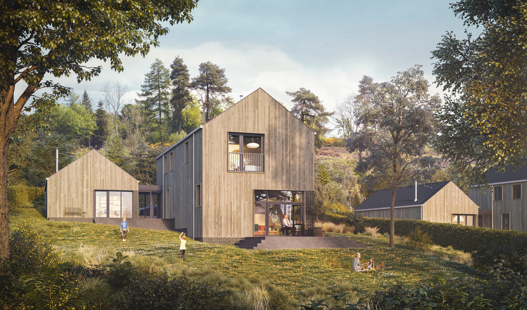 Athron Hill Exterior - timber clad residential development set in countryside and wooded landscape. Perth & Kinross