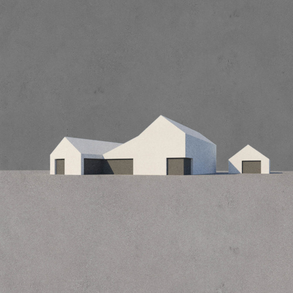 Render of domestic architectural forms. White buildings with pitched roofs against greys