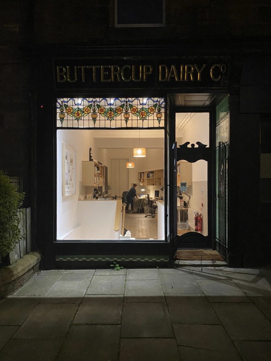 The former Buttercup Dairy - exterior view at night.  Now Fraser/Livingstone Architects studio, Marchmont, Edinburgh.