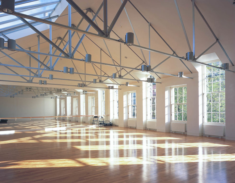 Studio in existing building looking out onto the trees of the Grassmarket - DanceBase Edinburgh