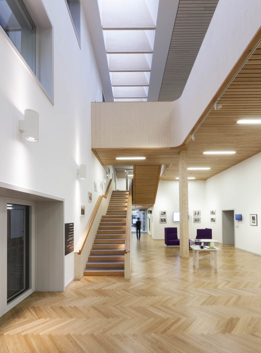 Atrium at Edinburgh Centre for Carbon Innovation, University of Edinburgh. Retrofitted, repurposed buildings with new insertions.