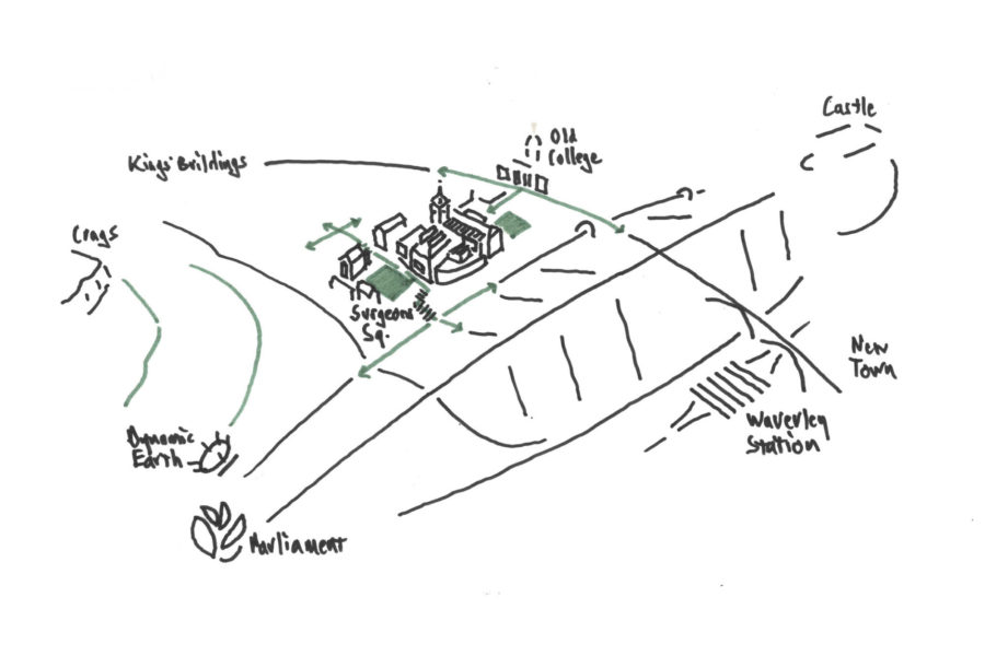 Sketch of Old College and Edinburgh Centre of Carbon Innovation in context of Old Town and University of Edinburgh
