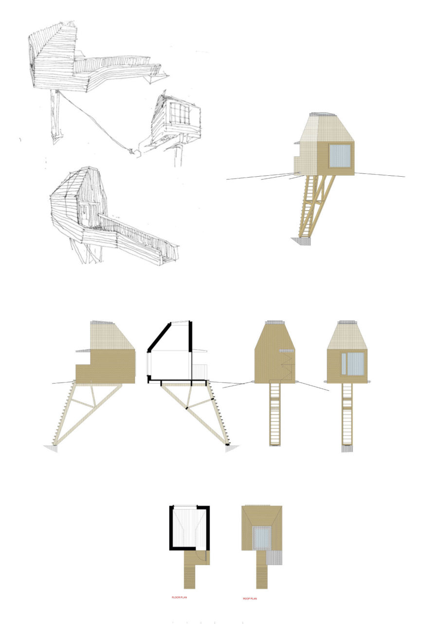 Pen and computer drawings of Outlandia and its supports