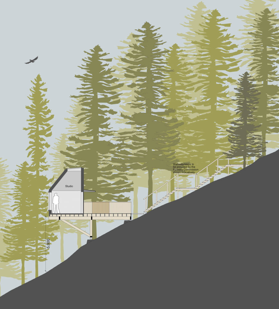 Section drawing of site, showing Outlandia Field Station amongst trees, on slop