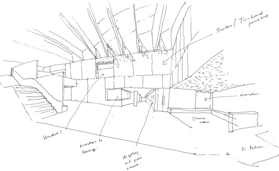 Pen drawing of entrance and interior court, Scottish Ballet, Glasgow. Malcolm Fraser Architects