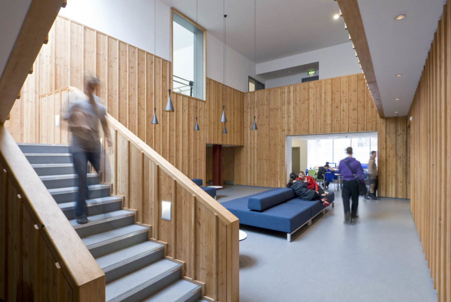 Scottish Ballet, Glasgow - interior, woodlined court. Malcolm Fraser Architects