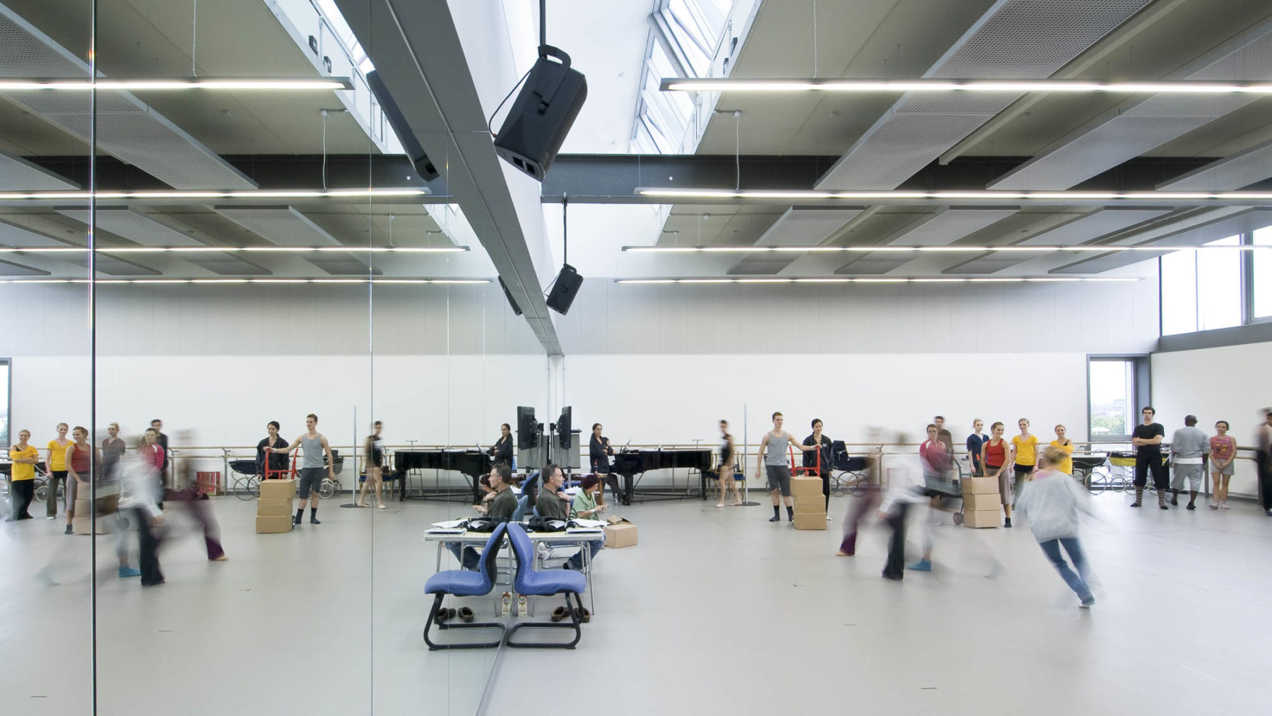 Smaller studio with dancers, piano and instuctors. Scottish Ballet, Glasgow. Malcolm Fraser Architects