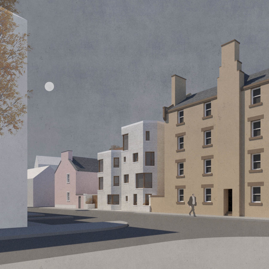 Rendered view of Simon Court apartments, Edinburgh, from the street. Chamfered edged forms fit between two and four storey tenements.