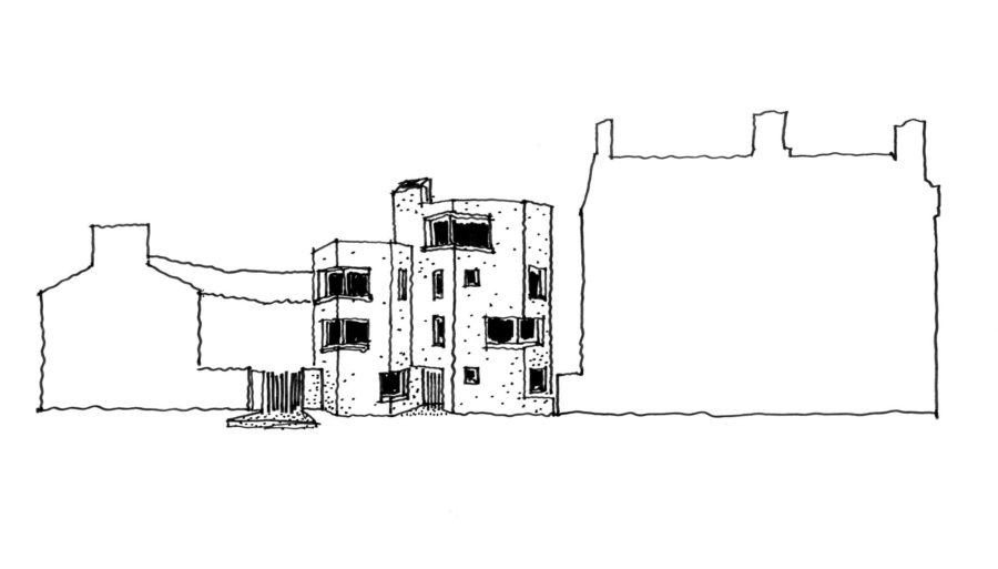 Line drawing sketch of Simon Court, from the street.