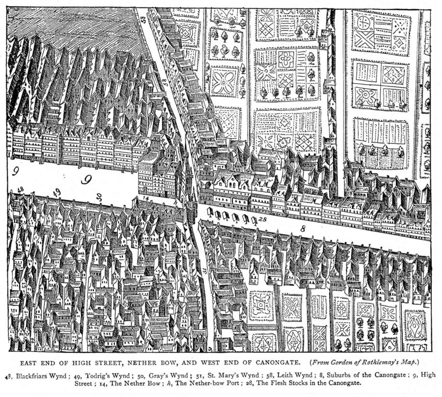 The Netherbox, The High Street, Edinburgh from above - 18th Century engraving.