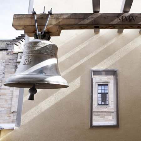The Netherbow bell, hanging in its tower at the Scottish Storytelling Centre, Royal Mile, Edinburgh