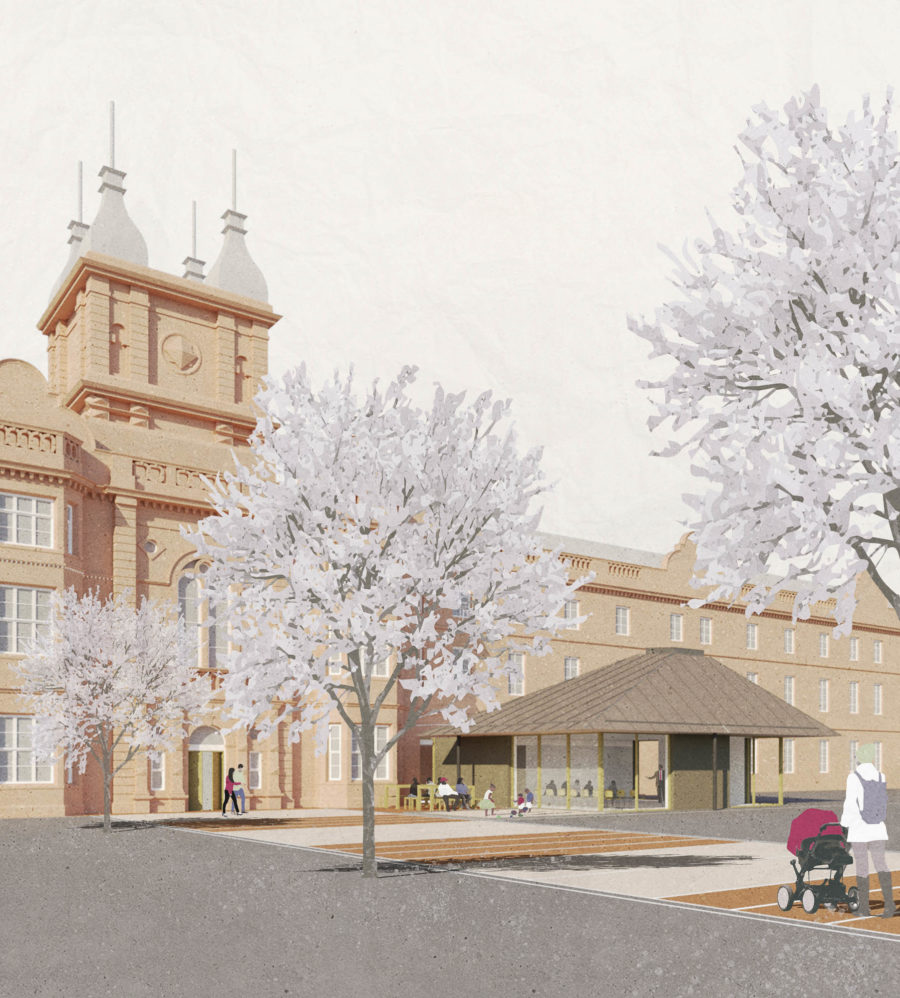 Pavilion at Thackray Medical Museum - render showing visitors and trees in bloom around the pavilion