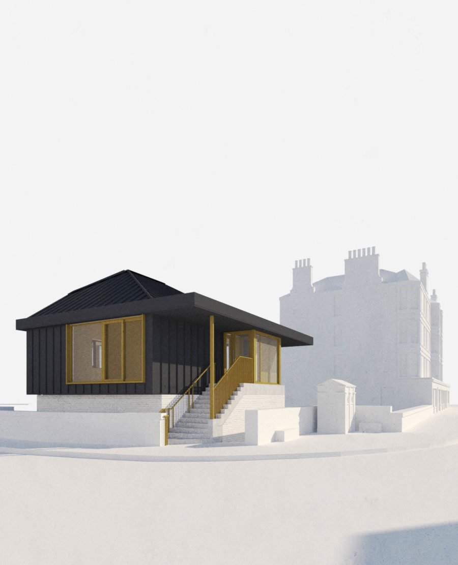 Tollhouse, Canonmills, Edinburgh shown from the street in rendered view. Rendered view showing the view from the south. Black trapezoid roof form