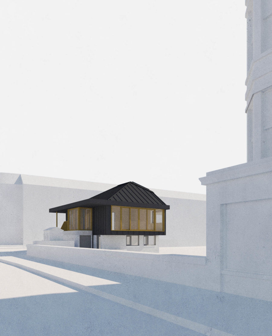 Tollhouse, Canonmills, Edinburgh. Rendered view from the north. Black trapezoid roof form