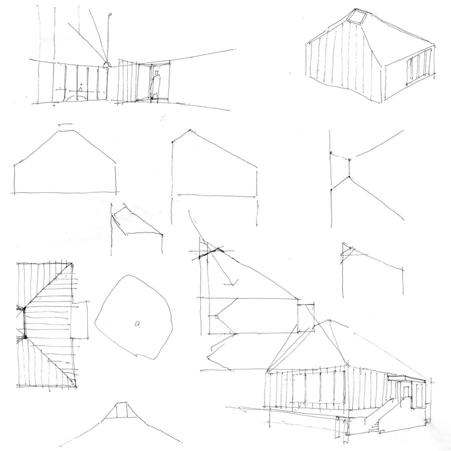Toll house sketches - line drawings on paper of restaurant building with trapezoidal roof. Fraser/Livingstone Architects