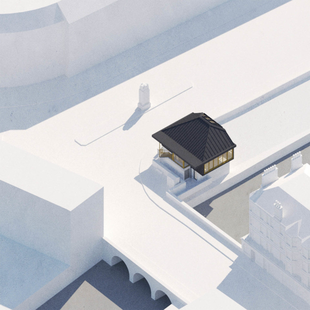 Tollhouse, Canonmills, Edinburgh. Rendered view from above showing the bridge over the Water of Leith. Black trapezoid roof form
