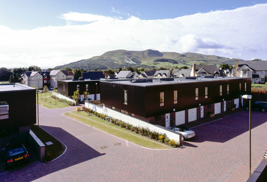 Princess Gate housing, Edinburgh. View of development with Pentlands behind